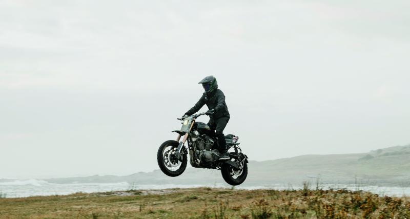 Avec ses suspensions à grands débattements, ses jantes à rayons chaussées de crampons et un habillage mi-enduro, mi-custom, cette H-D détonne !
