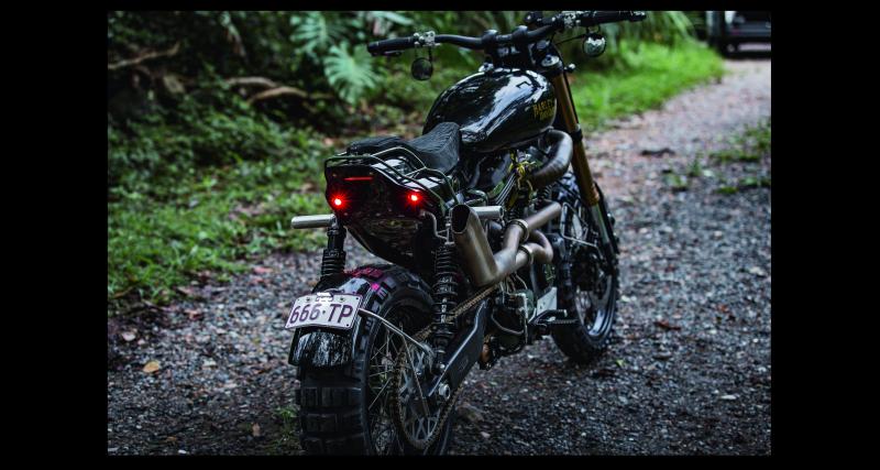 Avec ses suspensions à grands débattements, ses jantes à rayons chaussées de crampons et un habillage mi-enduro, mi-custom, cette H-D détonne !