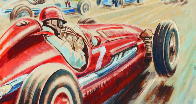 Le sculptural “pilote au casque bleu” n’est autre que le champion français Robert Benoist au volant de sa Bugatti.