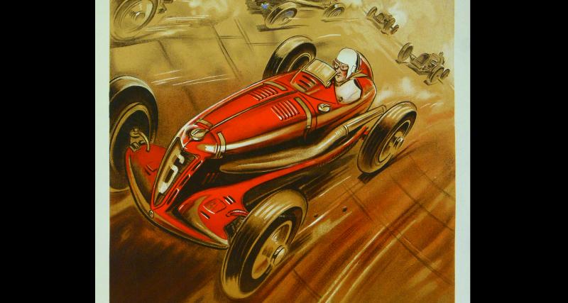 Le sculptural “pilote au casque bleu” n’est autre que le champion français Robert Benoist au volant de sa Bugatti.